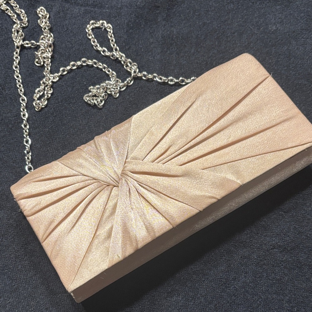 Elegant Champagne Satin Knot Clutch with Chain Strap